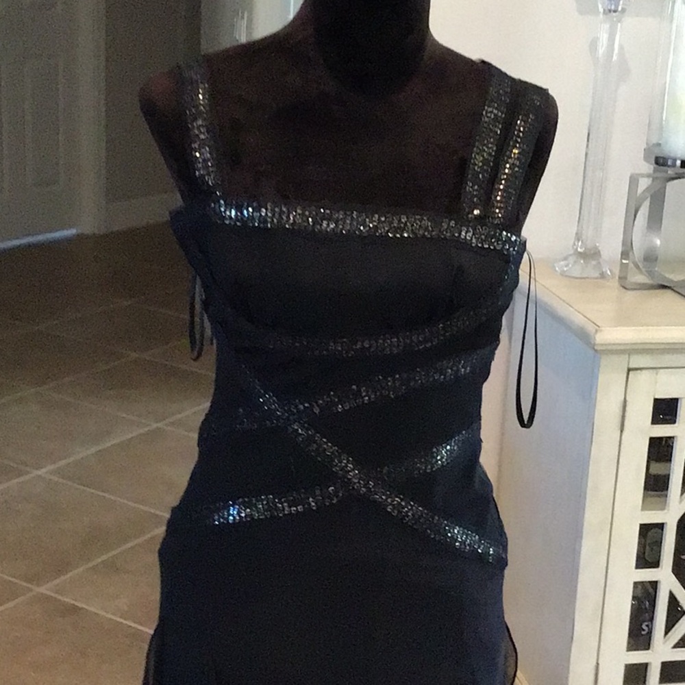 BCBGMAXAZRIA side zip gown, sequins under illusion stripes and straps, 4,  NWOT